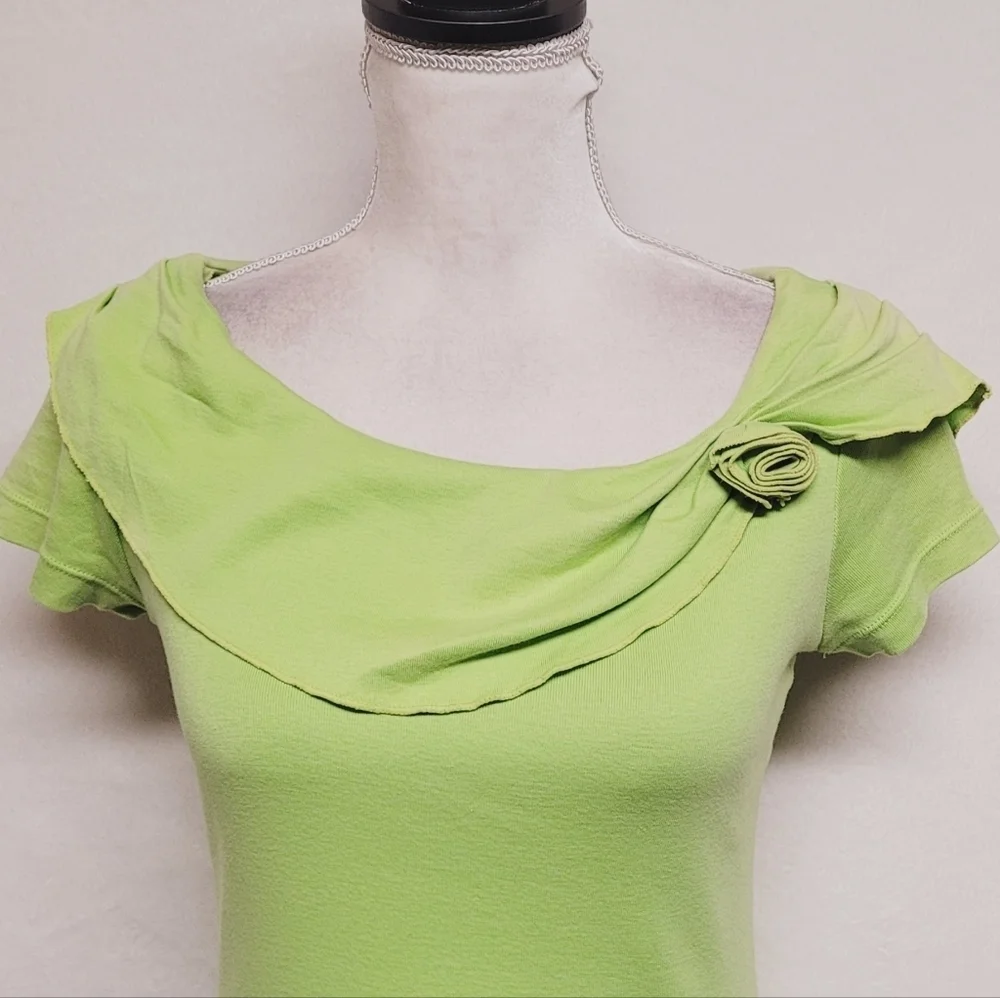 Y2K Vintage Cable & Gauge Neon Green Boatneck Bertha Collar Rosette Short Sleeve